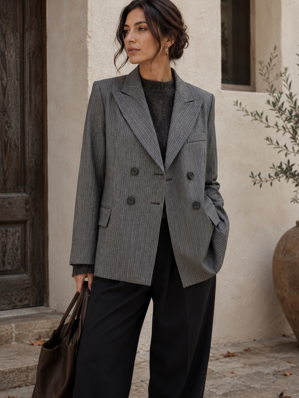 Donna Karan Wool Blend Double Breasted Blazer Grey Pinstripe 12 Career Minimal